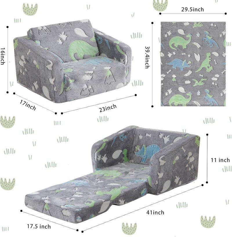 Kisdsa Toddler Couch Fold Out, Foldable Kids Couch with Blanket, Flip Out Toddler Chair, Foam Sofa for Girls & Boys, Convertible Sofa Gift for Children Age 1-3 (Glow Dino Grey) - Image 3